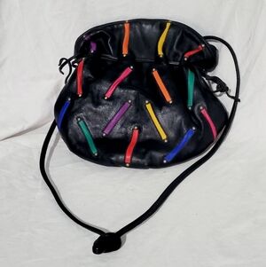 Vtg 90s Avante Black Leather Cinch Drawstring Handbag Purse